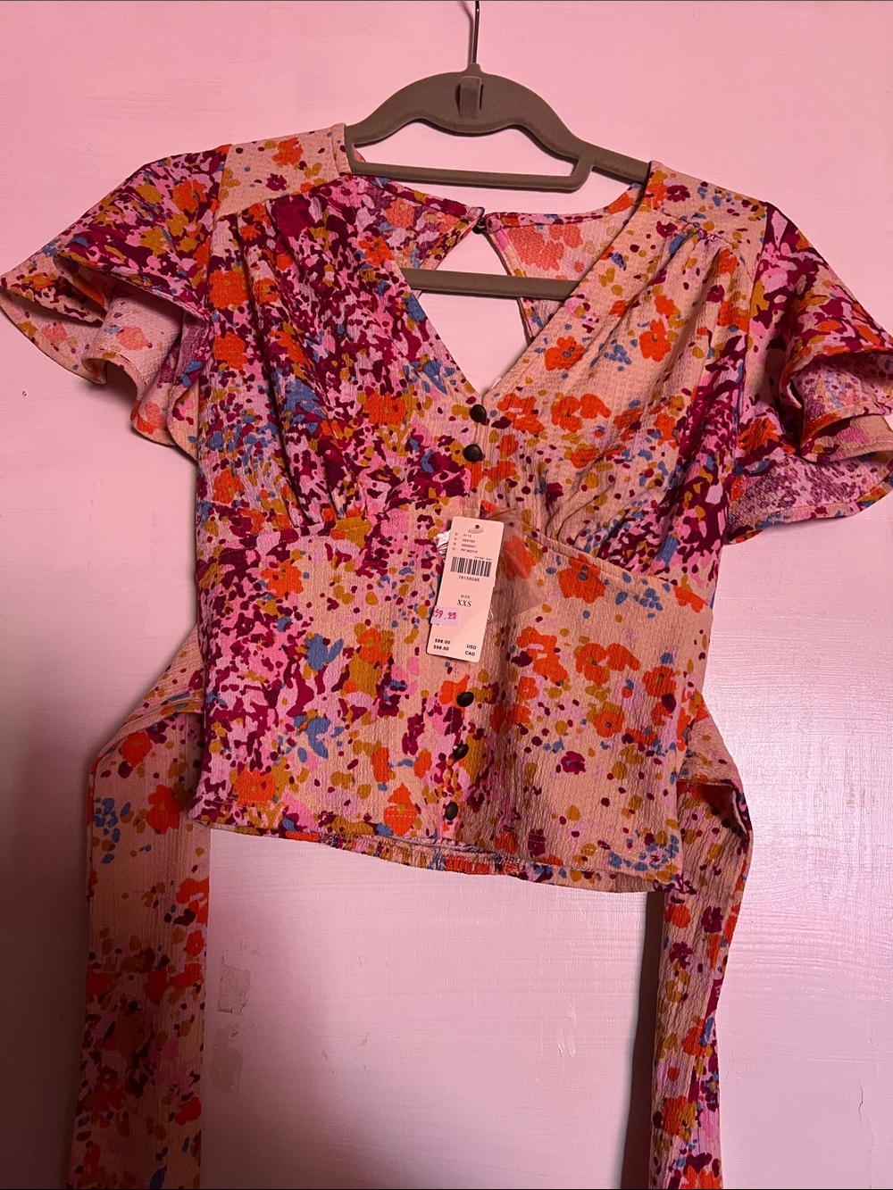 Anthropologie Pink Multi Floral V-Neck Tie-Back Blouse